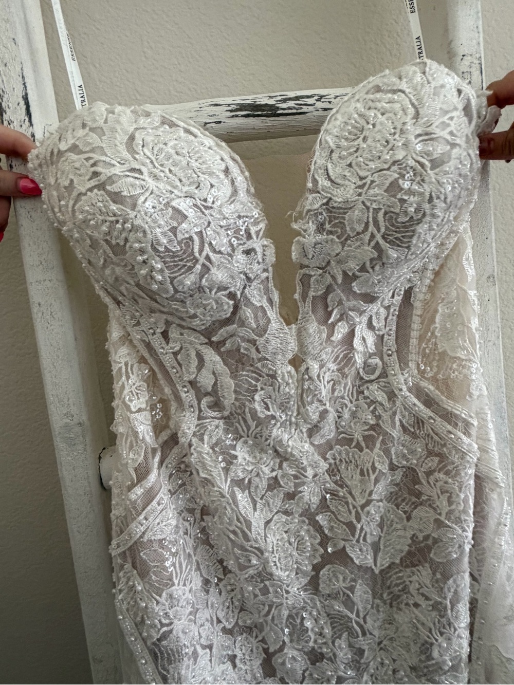 Off-the-Shoulder Lace Fit-and-Flare Wedding Gown - White - Picture 14 of 16
